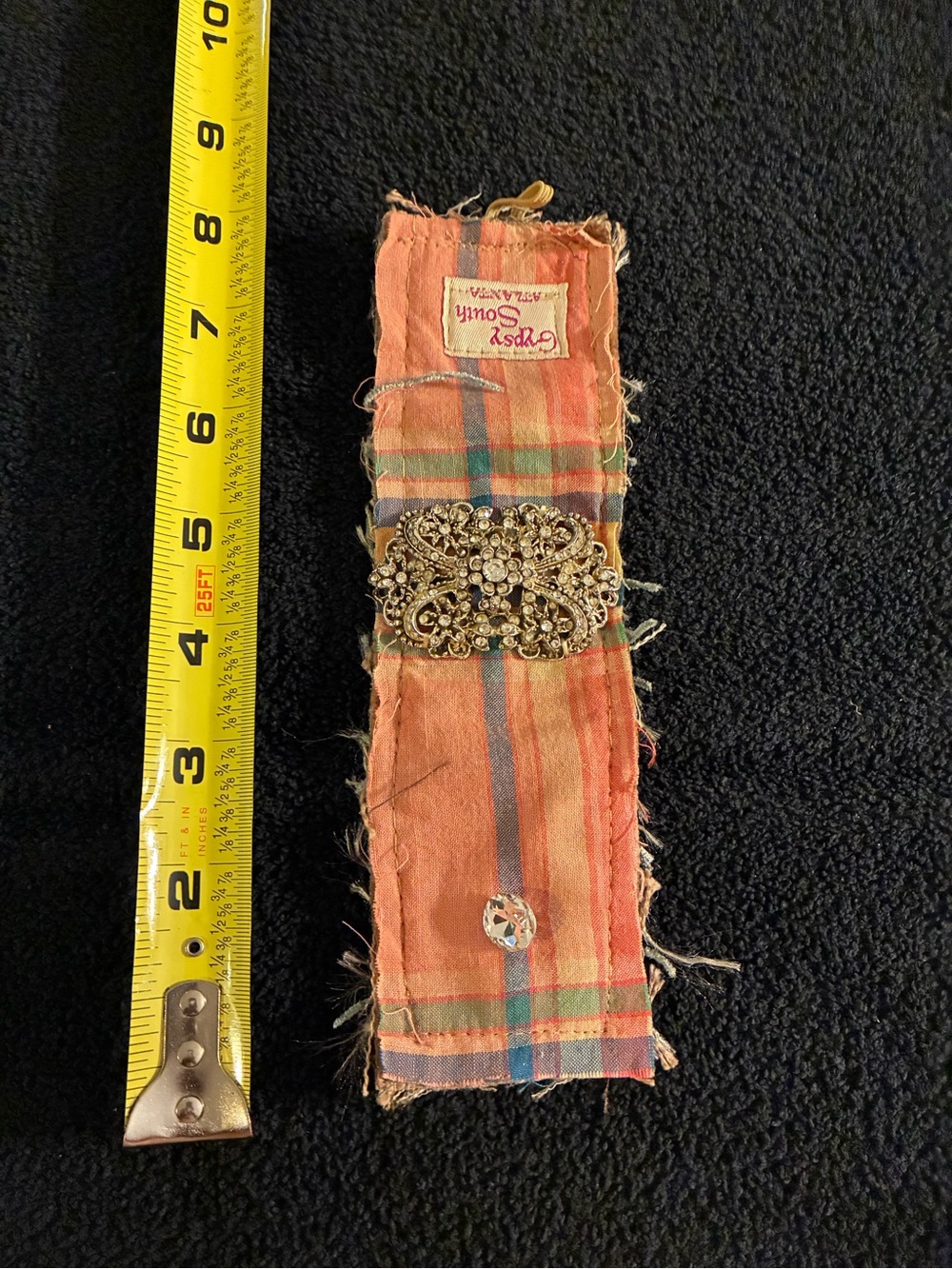 Handmade Orange Plaid Fabric Bracelet with Ornate Gold Accent